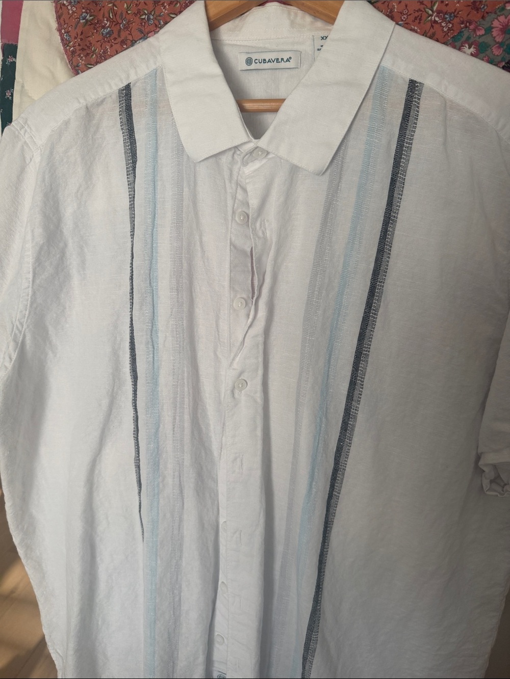 Cubavera White Short-Sleeve Button-Down Shirt with Light and Dark Blue Stripes